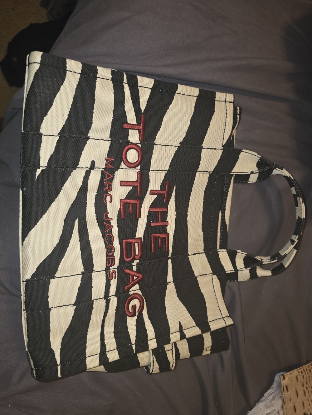 Marc Jacobs Zebra Stripe Tote with Red Logo Embroidery